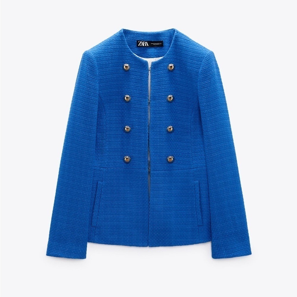 Zara Women Blue High Neck Double Breasted Textured Tailored Cotton Blazer Size M - Picture 8 of 17